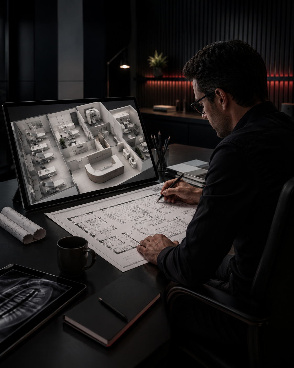 Designer reviewing a healthcare office floor plan with 3D office technology planning on screen